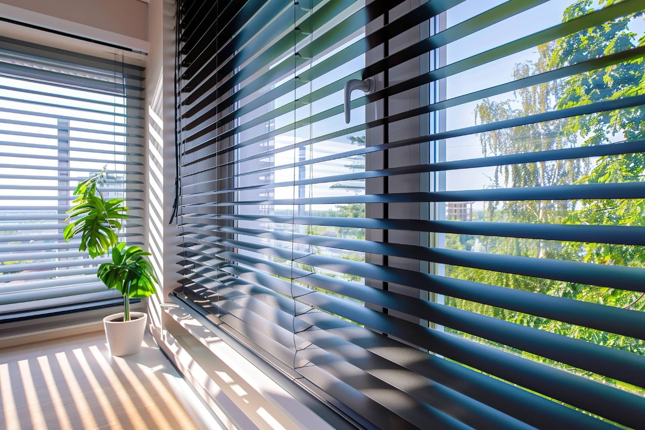 Large window blinds filtering light through a window at Home Carpet & Window Treatments near Los Angeles, California (CA)