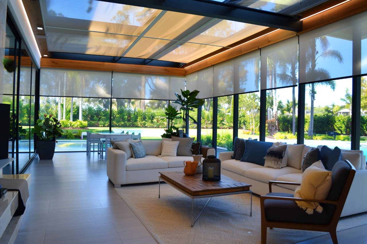 Modern sunroom with contemporary furniture and sunroom window treatments at Home Carpet & Window Treatments near Los Angeles, California (CA)