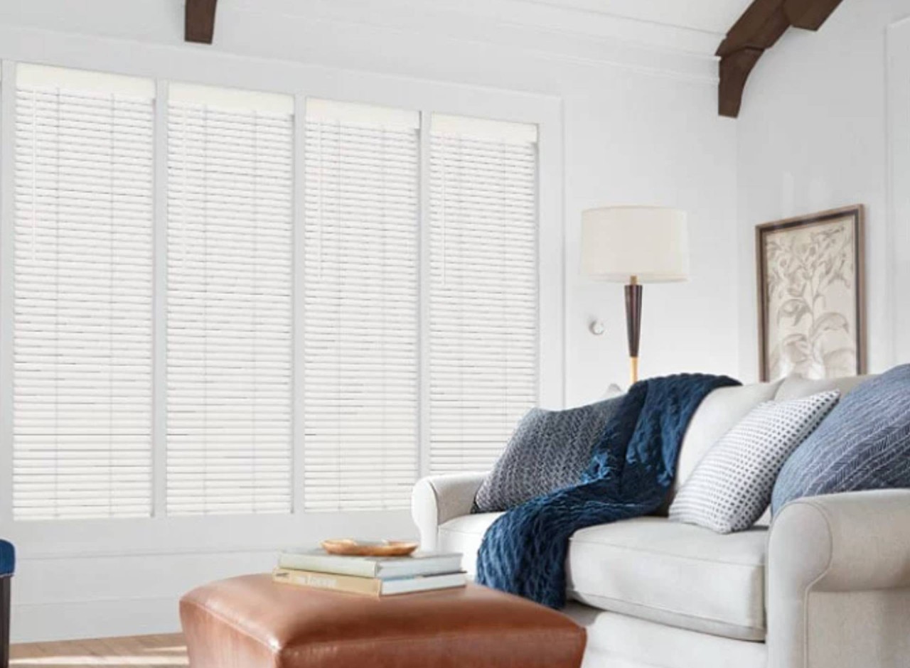White Hunter Douglas blinds in a living room near Los Angeles, CA