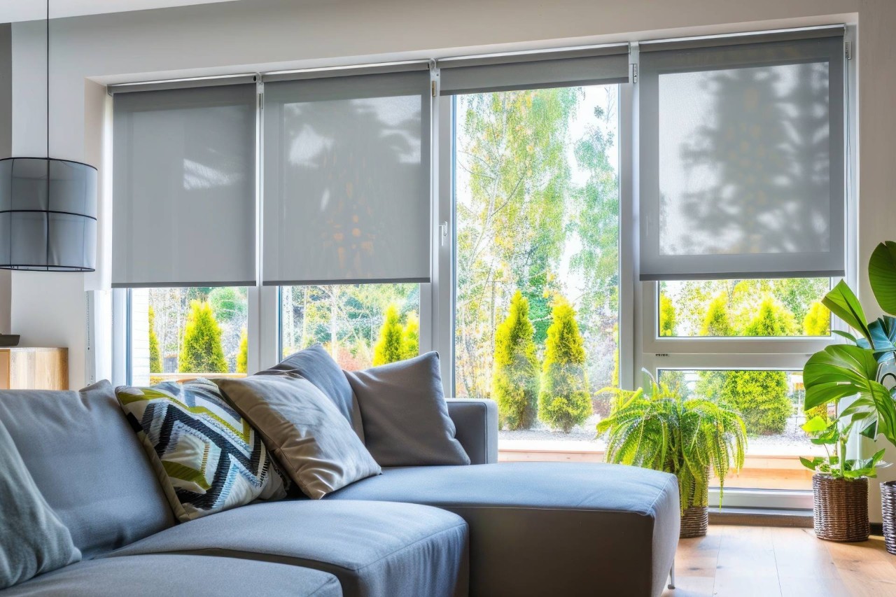 Gray indoor shades in a home near Los Angeles, CA.
